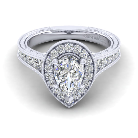 Gabriel - Vintage Inspired 14K White Gold Pear Shape Halo Diamond Channel Set Engagement Ring