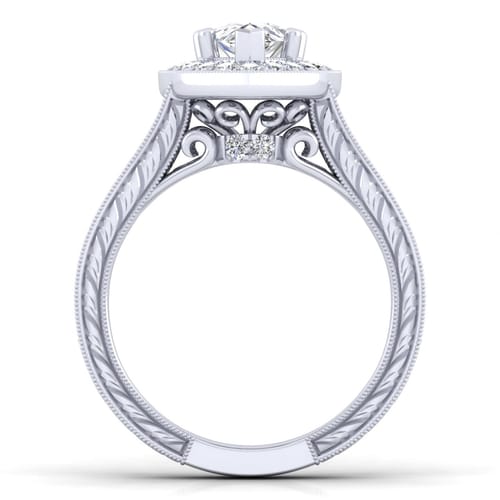 Vintage Inspired 14K White Gold Pear Shape Halo Diamond Channel Set Engagement Ring