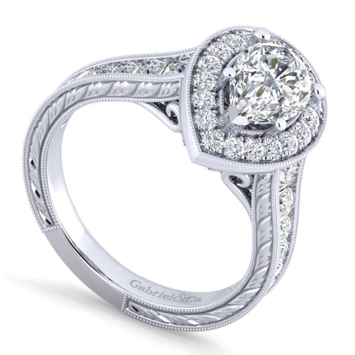 Vintage Inspired 14K White Gold Pear Shape Halo Diamond Channel Set Engagement Ring