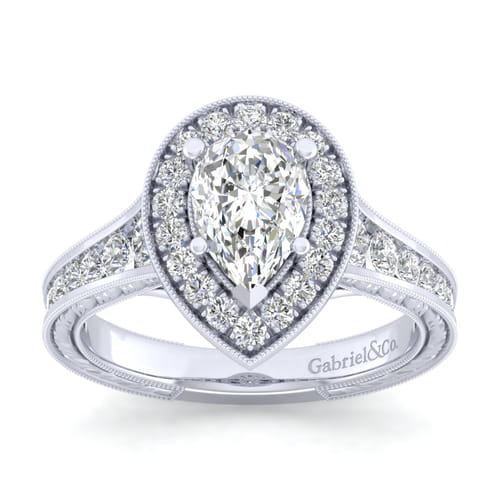 Vintage Inspired 14K White Gold Pear Shape Halo Diamond Channel Set Engagement Ring
