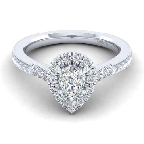 Vintage Inspired 14K White Gold Pear Shape Halo Diamond Engagement Ring