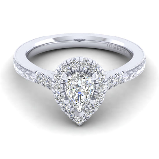 Gabriel - Vintage Inspired 14K White Gold Pear Shape Halo Diamond Engagement Ring
