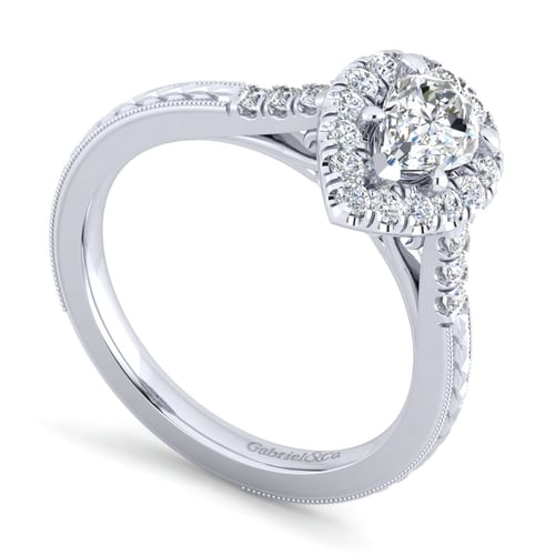 Vintage Inspired 14K White Gold Pear Shape Halo Diamond Engagement Ring