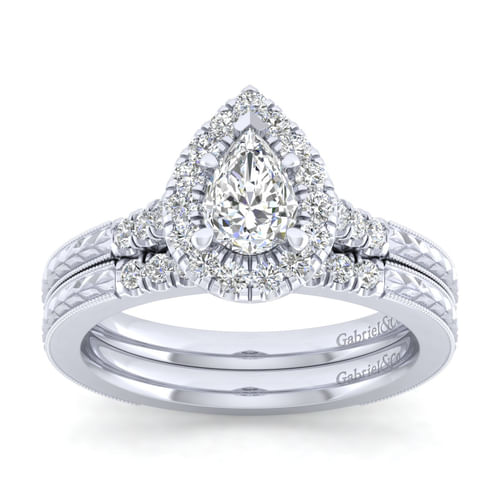 Vintage Inspired 14K White Gold Pear Shape Halo Diamond Engagement Ring