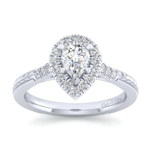 Vintage Inspired 14K White Gold Pear Shape Halo Diamond Engagement Ring