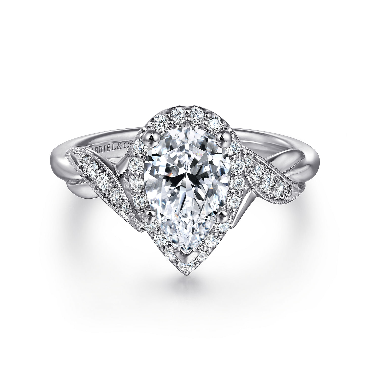 Gabriel - Vintage Inspired 14K White Gold Pear Shape Halo Diamond Engagement Ring