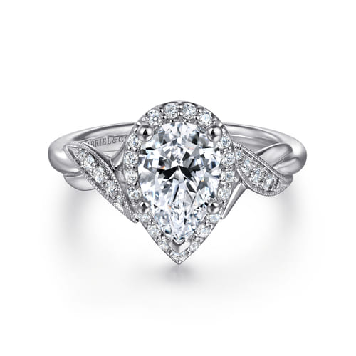 Vintage Inspired 14K White Gold Pear Shape Halo Diamond Engagement Ring