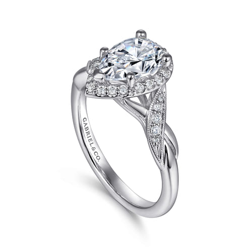 Vintage Inspired 14K White Gold Pear Shape Halo Diamond Engagement Ring