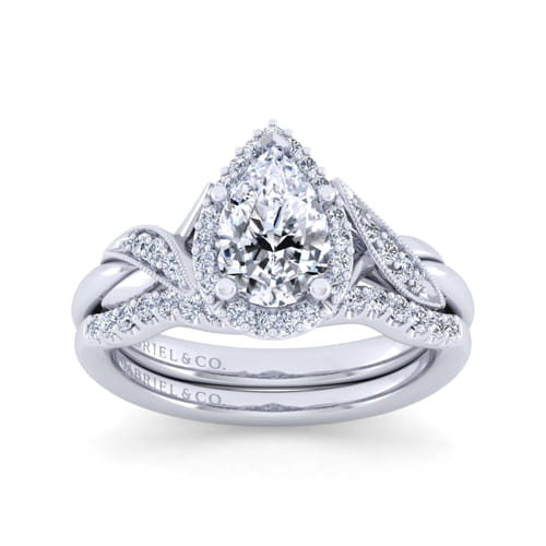 Vintage Inspired 14K White Gold Pear Shape Halo Diamond Engagement Ring