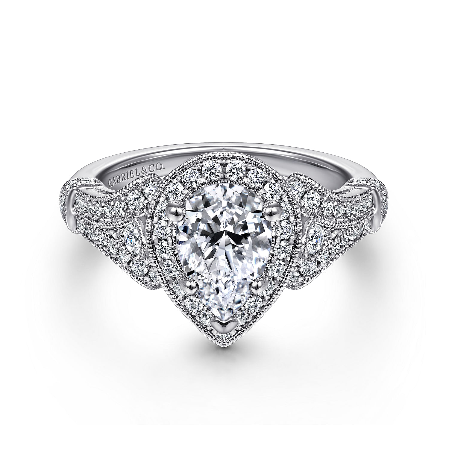 Gabriel - Vintage Inspired 14K White Gold Pear Shape Halo Diamond Engagement Ring