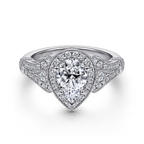 Vintage Inspired 14K White Gold Pear Shape Halo Diamond Engagement Ring