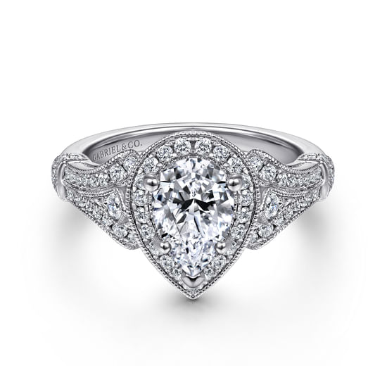 Gabriel - Vintage Inspired 14K White Gold Pear Shape Halo Diamond Engagement Ring
