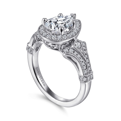 Vintage Inspired 14K White Gold Pear Shape Halo Diamond Engagement Ring