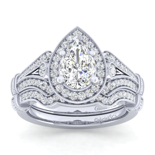 Vintage Inspired 14K White Gold Pear Shape Halo Diamond Engagement Ring