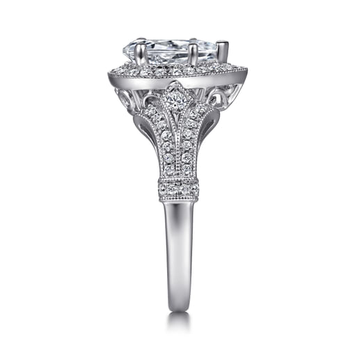 Vintage Inspired 14K White Gold Pear Shape Halo Diamond Engagement Ring