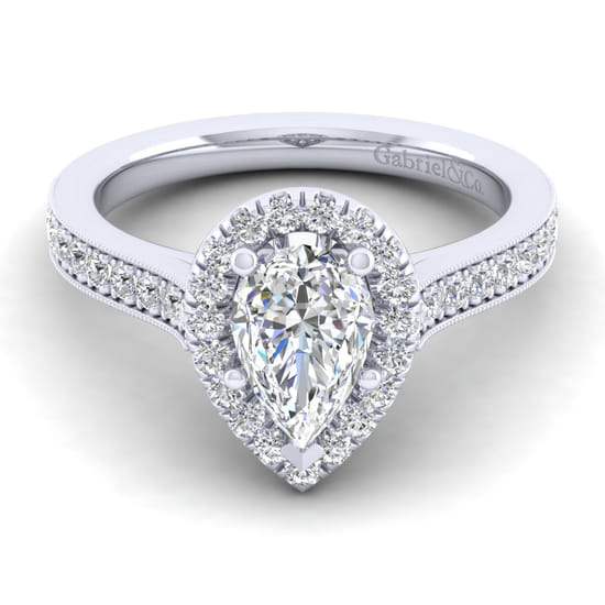 Gabriel - Vintage Inspired 14K White Gold Pear Shape Halo Diamond Engagement Ring