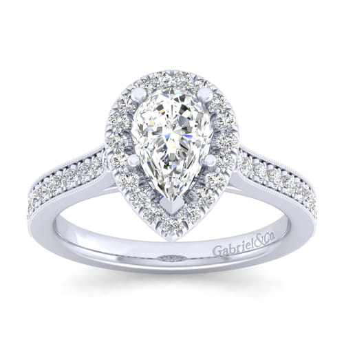 Vintage Inspired 14K White Gold Pear Shape Halo Diamond Engagement Ring