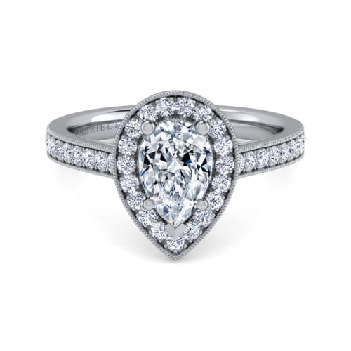 Vintage Inspired 14K White Gold Pear Shape Halo Diamond Engagement Ring