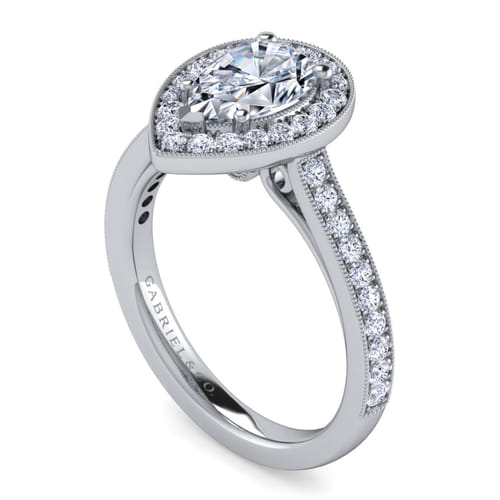 Vintage Inspired 14K White Gold Pear Shape Halo Diamond Engagement Ring