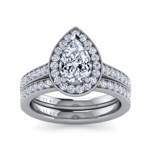 Vintage Inspired 14K White Gold Pear Shape Halo Diamond Engagement Ring