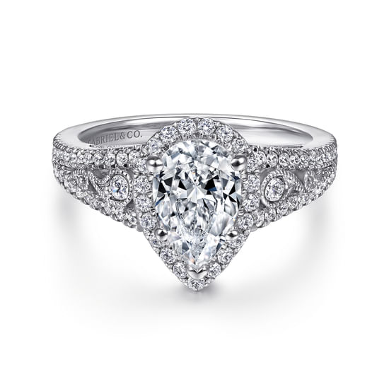 Gabriel - Vintage Inspired 14K White Gold Pear Shape Halo Diamond Engagement Ring