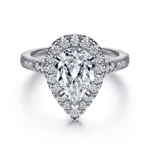 Vintage Inspired 14K White Gold Pear Shape Halo Diamond Engagement Ring