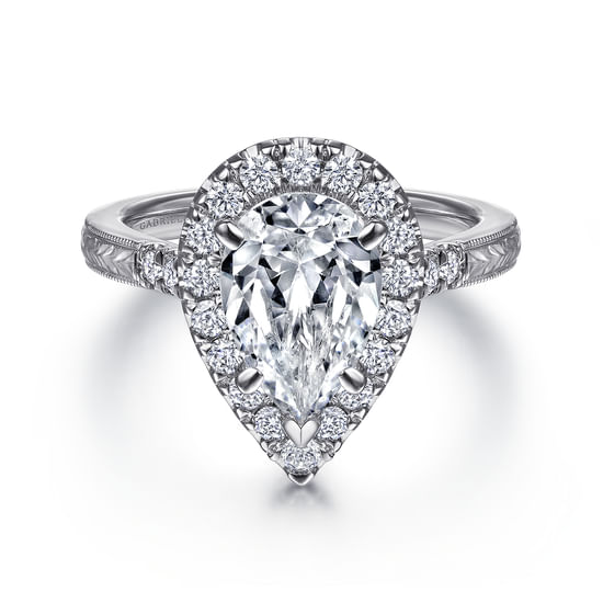 Gabriel - Vintage Inspired 14K White Gold Pear Shape Halo Diamond Engagement Ring