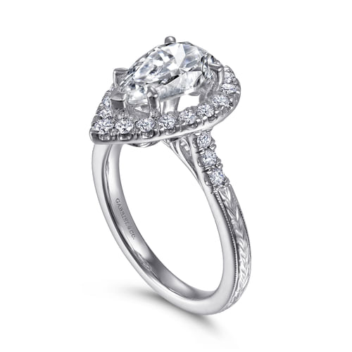 Vintage Inspired 14K White Gold Pear Shape Halo Diamond Engagement Ring