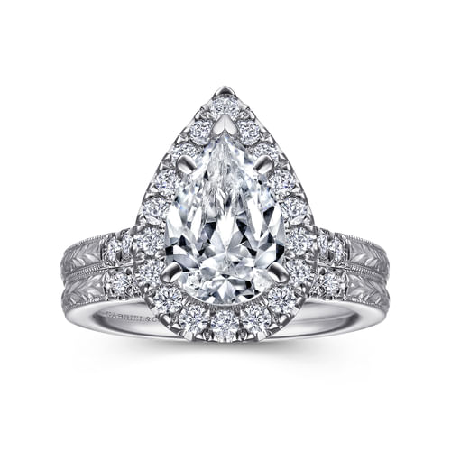 Vintage Inspired 14K White Gold Pear Shape Halo Diamond Engagement Ring