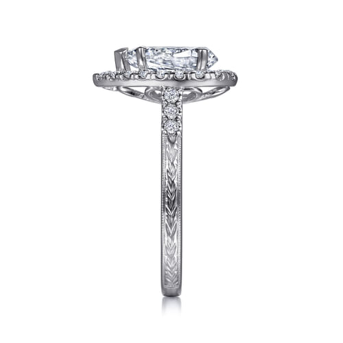 Vintage Inspired 14K White Gold Pear Shape Halo Diamond Engagement Ring