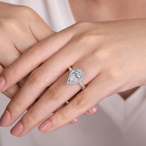 Vintage Inspired 14K White Gold Pear Shape Halo Diamond Engagement Ring
