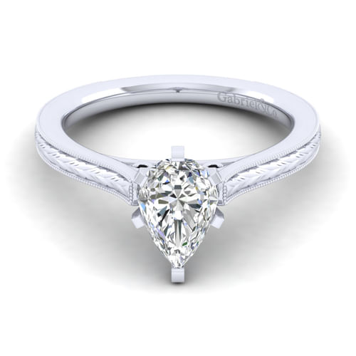 Vintage Inspired 14K White Gold Pear Shape Solitaire Engagement Ring