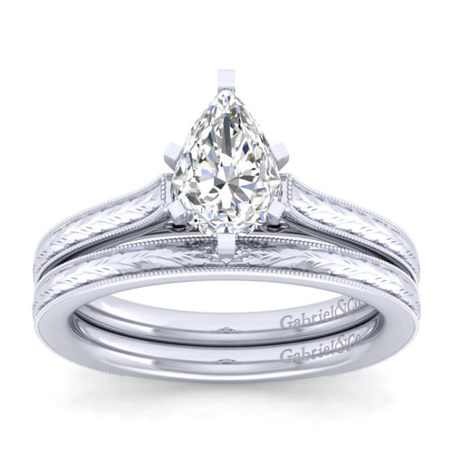 Vintage Inspired 14K White Gold Pear Shape Solitaire Engagement Ring