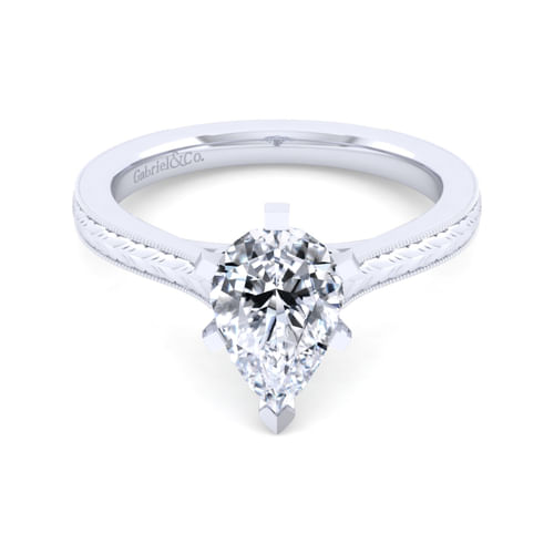 Vintage Inspired 14K White Gold Pear Shape Solitaire Engagement Ring