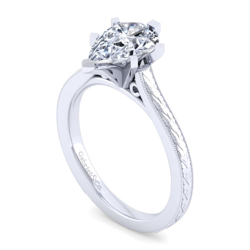 Vintage Inspired 14K White Gold Pear Shape Solitaire Engagement Ring