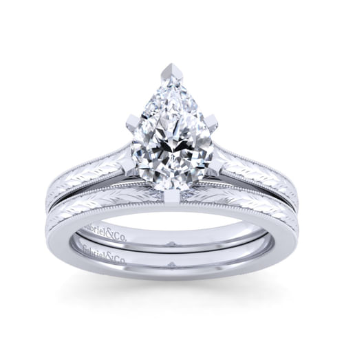 Vintage Inspired 14K White Gold Pear Shape Solitaire Engagement Ring