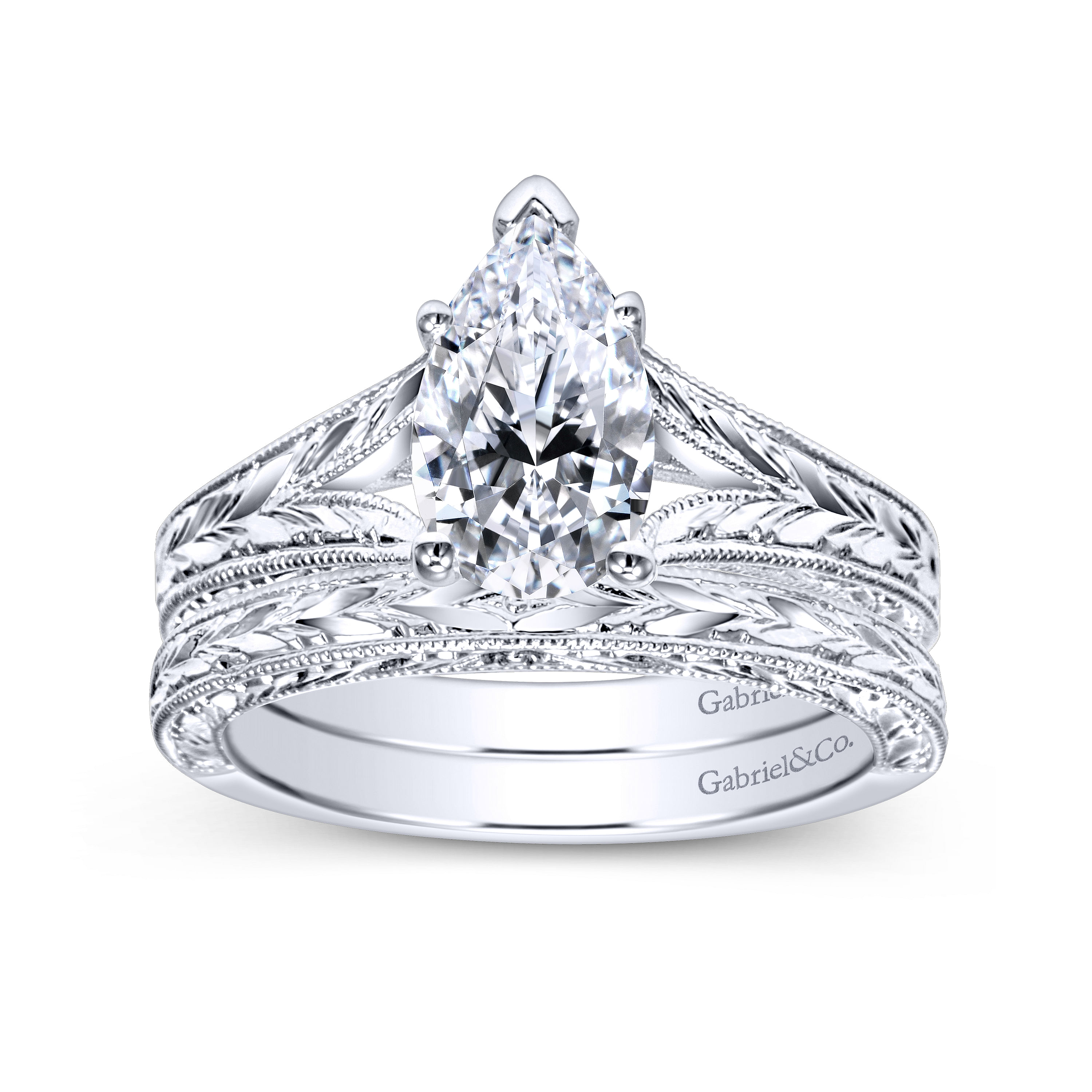 Vintage Inspired 14K White Gold Pear Shaped Solitaire Engagement Ring
