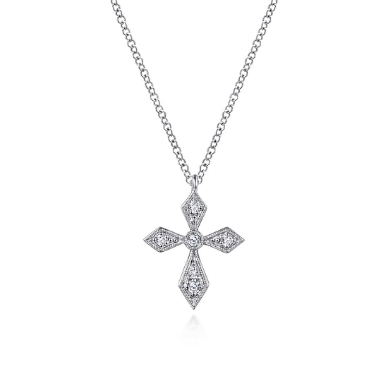 Gabriel - Vintage Inspired 14K White Gold Pointed Diamond Cross Pendant Necklace