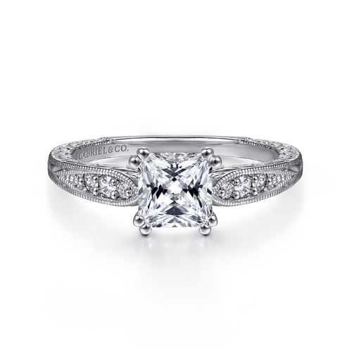 Vintage Inspired 14K White Gold Princess Cut Diamond Engagement Ring