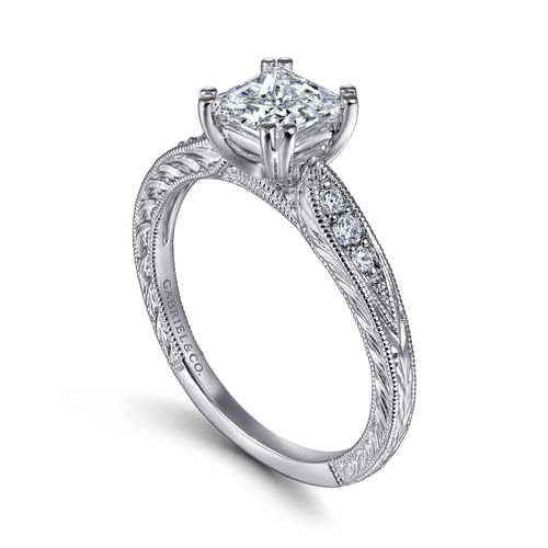 Vintage Inspired 14K White Gold Princess Cut Diamond Engagement Ring
