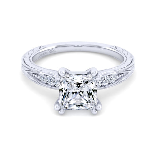Vintage Inspired 14K White Gold Princess Cut Diamond Engagement Ring