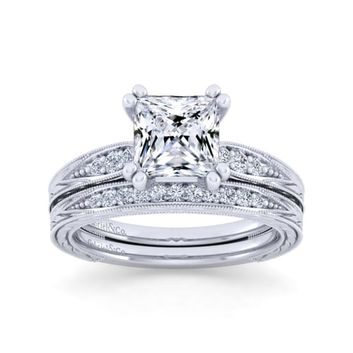Vintage Inspired 14K White Gold Princess Cut Diamond Engagement Ring