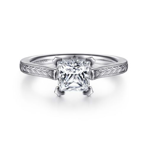 Vintage Inspired 14K White Gold Princess Cut Solitaire Engagement Ring