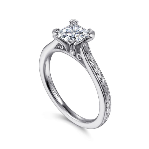 Vintage Inspired 14K White Gold Princess Cut Solitaire Engagement Ring