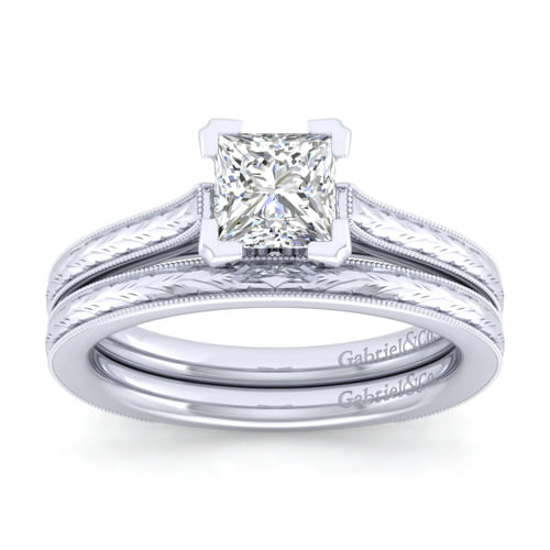 Vintage Inspired 14K White Gold Princess Cut Solitaire Engagement Ring