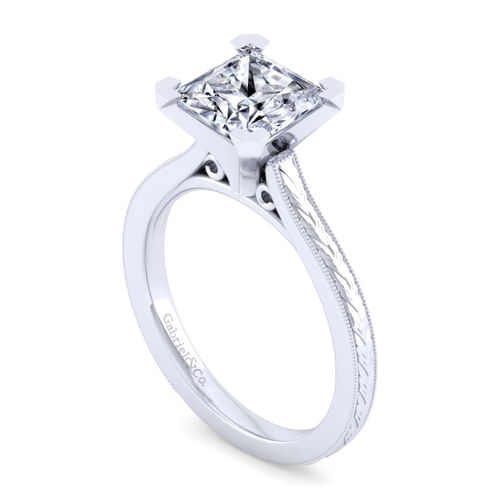 Vintage Inspired 14K White Gold Princess Cut Solitaire Engagement Ring