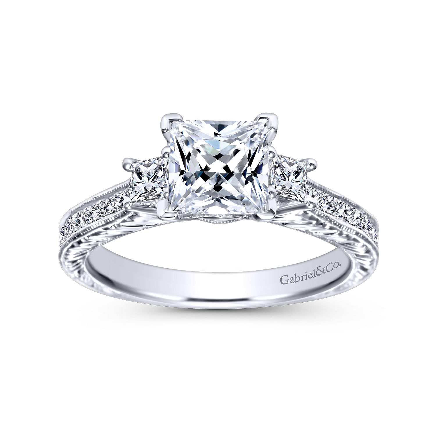 Vintage Inspired 14K White Gold Princess Cut Three Stone Diamond Channel Set Engagement Ring