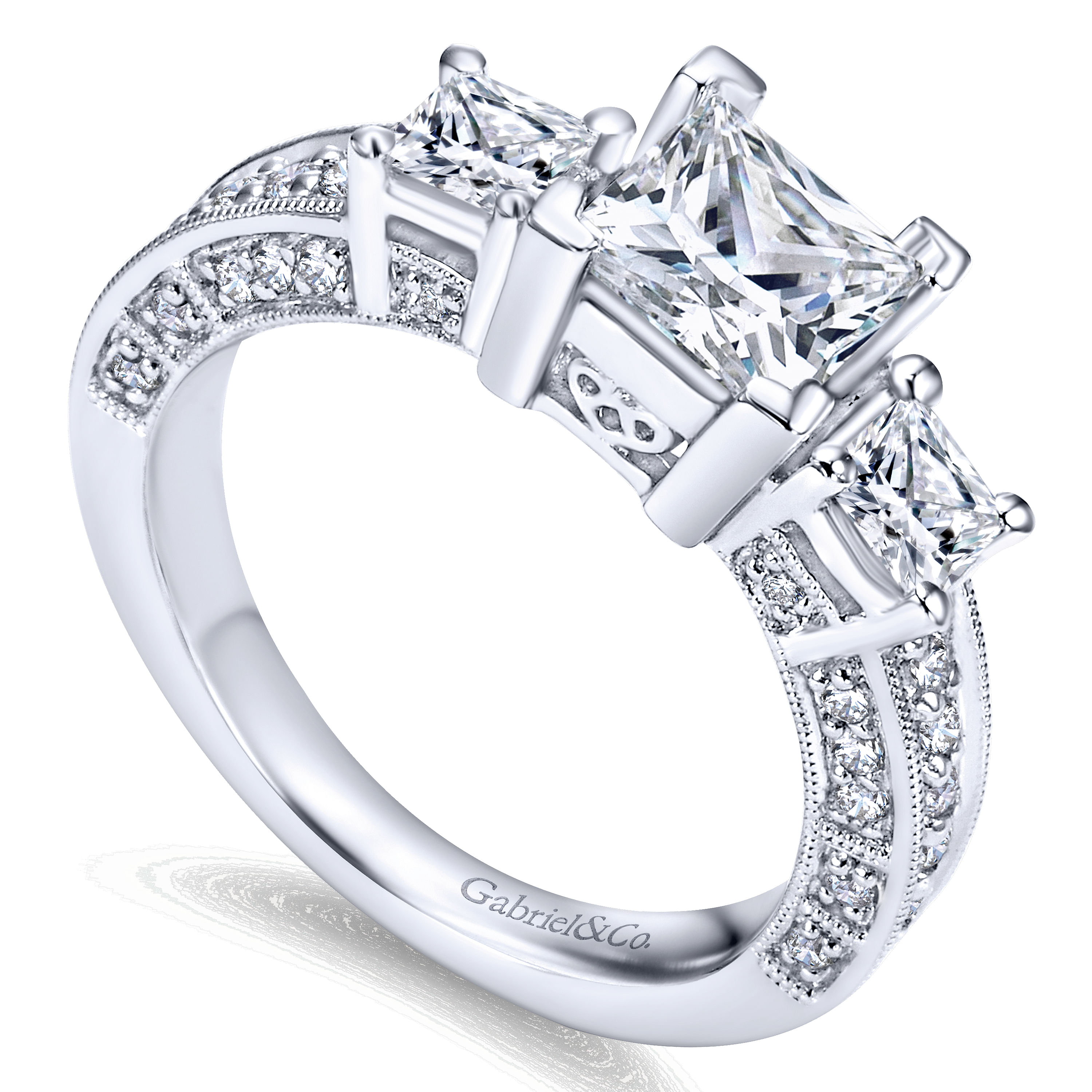 Vintage Inspired 14K White Gold Princess Cut Three Stone Diamond Engagement Ring
