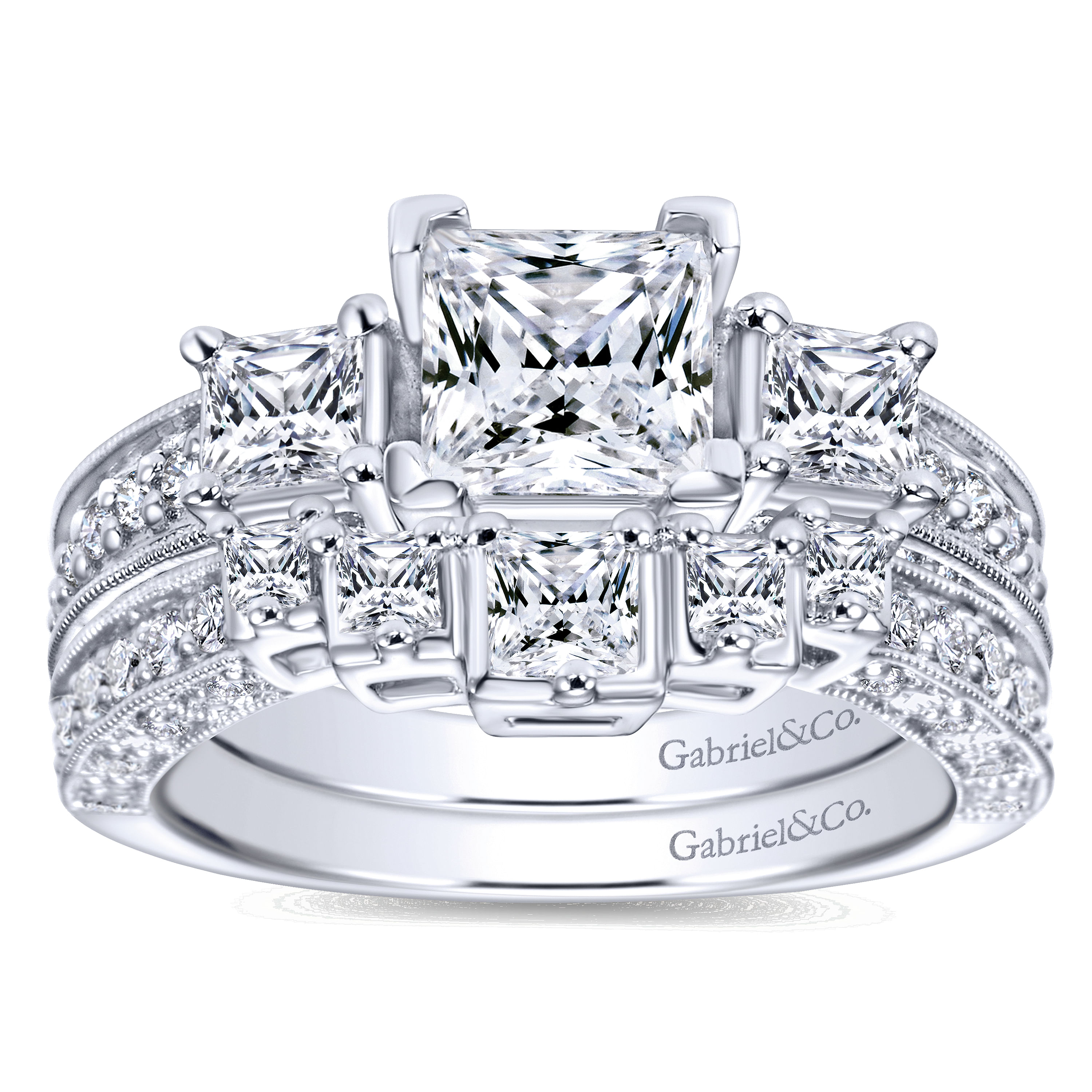 Vintage Inspired 14K White Gold Princess Cut Three Stone Diamond Engagement Ring