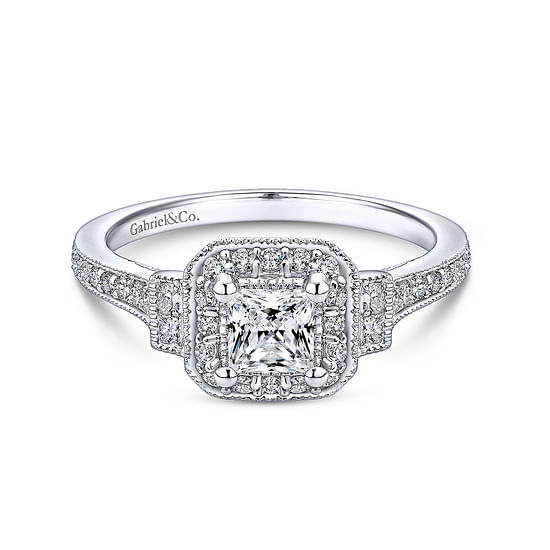 Gabriel - Vintage Inspired 14K White Gold Princess Halo Complete Diamond Channel Set Engagement Ring